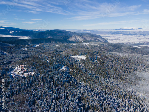 Aerial winter view of Rila Mountain near of Borovets  Bulgaria