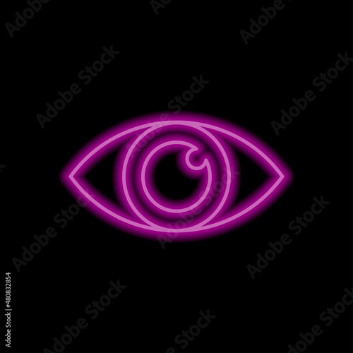 Eye simple icon vector. Flat desing. Purple neon on black background.ai