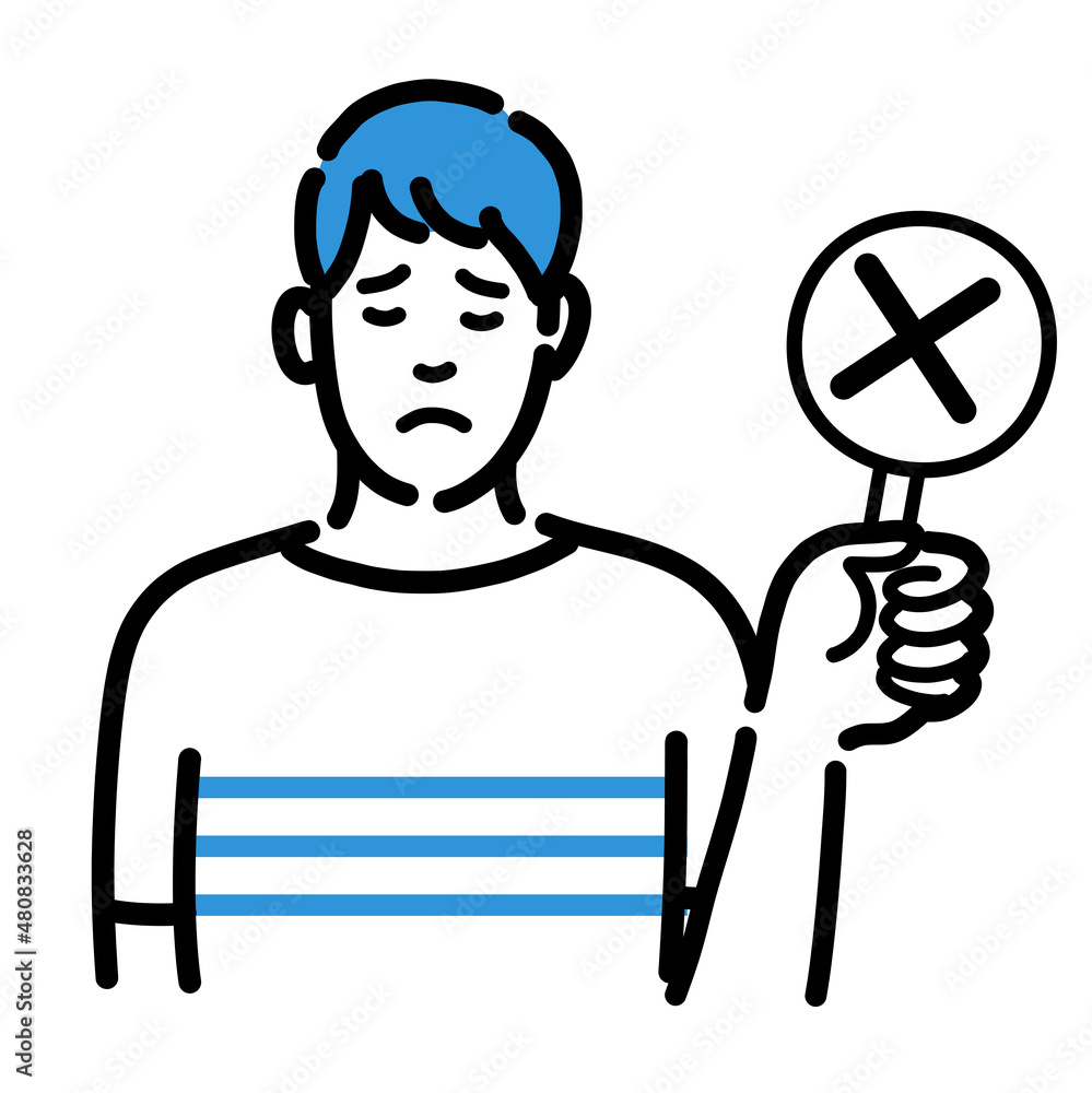 バツの札を持って残念そうな若い男性 バツの札を持って残念そうな若い男性