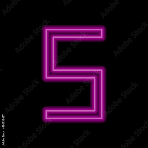 Number five, numeral simple icon vector. Flat desing. Purple neon on black background.ai