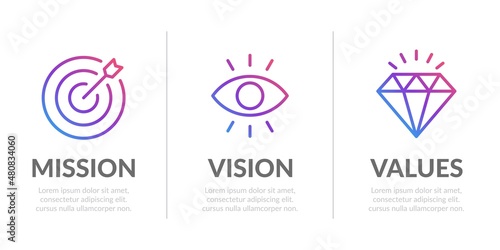 Mission, Vision and Values of company in modern gradient design concept for web template and business presentation.