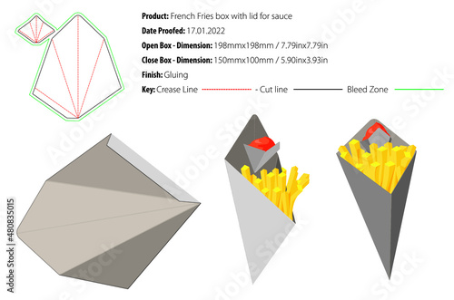 French Fries box with lid for sauce packaging template self lock,gluing die cut vector