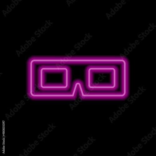 3d glasses simple icon. Flat desing. Purple neon on black background