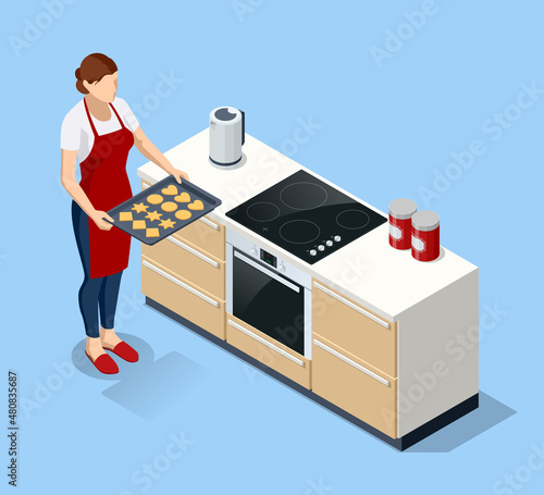 Isometric Woman Cooking Tasty cookies. Housewife Preparing Food in the Kitchen. Woman Baking Fresh Cookie.