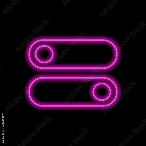 On off, switch simple icon. Flat desing. Purple neon on black background.ai