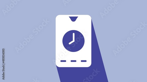 White Alarm clock app smartphone interface icon isolated on purple background. 4K Video motion graphic animation