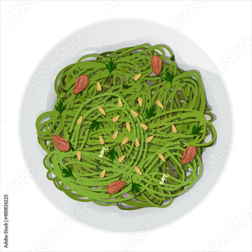 Long green pasta with herbs, pine nuts, almonds and parsley in plate isolated on white background. Vector illustration. Top view portion.