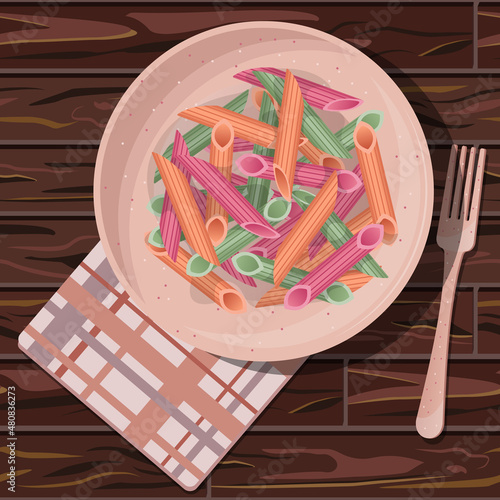 Top view of multicolored penne rigate pasta in pink plate with fork on check napkin isolated on wooden table background. Vector illustration.