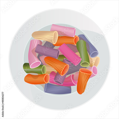Vector multicolored rigatoni pasta in a plate isolated on white background. Top view portion.
