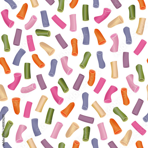 Vector seamless pattern multicolored rigatoni pasta isolated on white background.
