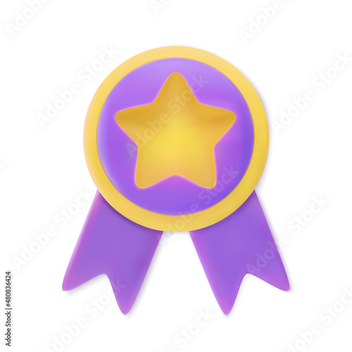 Guarantee premium badge in vector. 3d purple icon with yellow star. Ribbon for web design. Premium quality  symbol guarantee isolated. 3d vector illustration. Stamp - quality guarantee sign