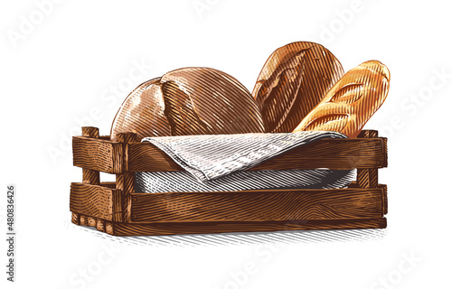 colorful bread composition in basket Hand drawing sketch engraving illustration style