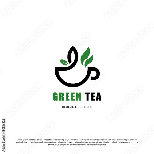 Modern green tea logo design. Cup with leaves vector for your brand or business