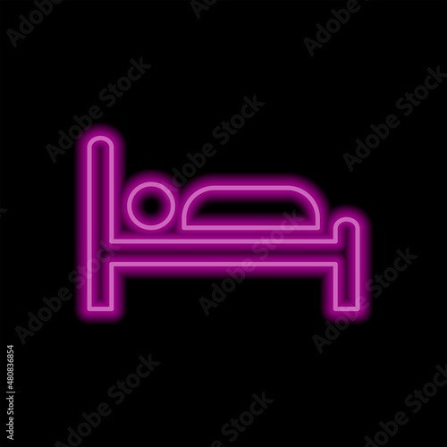 Bed  sleep simple icon. Flat desing. Purple neon on black background.ai