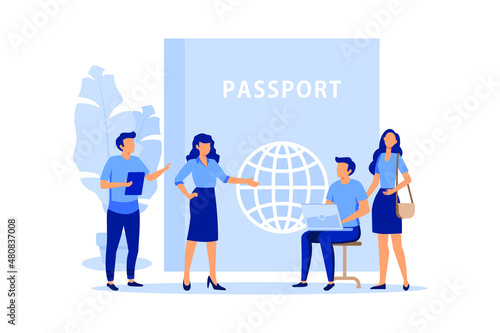 travel concept, a man sits near a passport and chooses a direction where to go, business trip flat vector illustration 