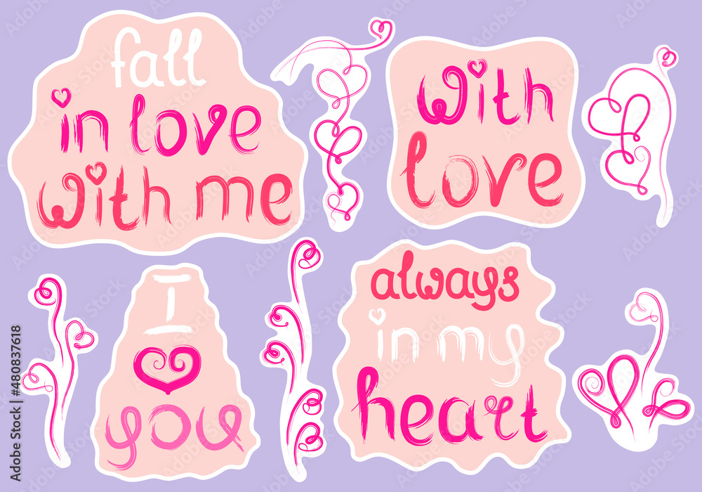 Stickers collection with love lettering and decorative floral elements. Each element is isolated. Love stickers for Valentines day, wedding, romantic mood, greeting card. Vector illustration.
