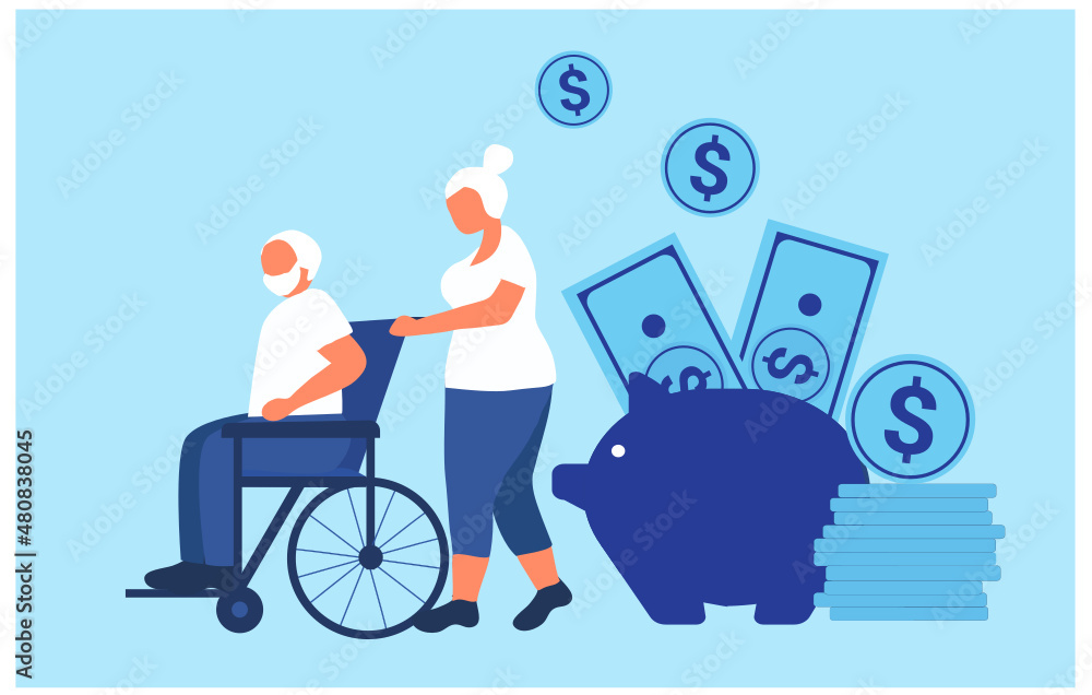 Senior retirement couple with coins and banknotes savings vector illustration. Return on investment, financial investment planning, pension and savings concept