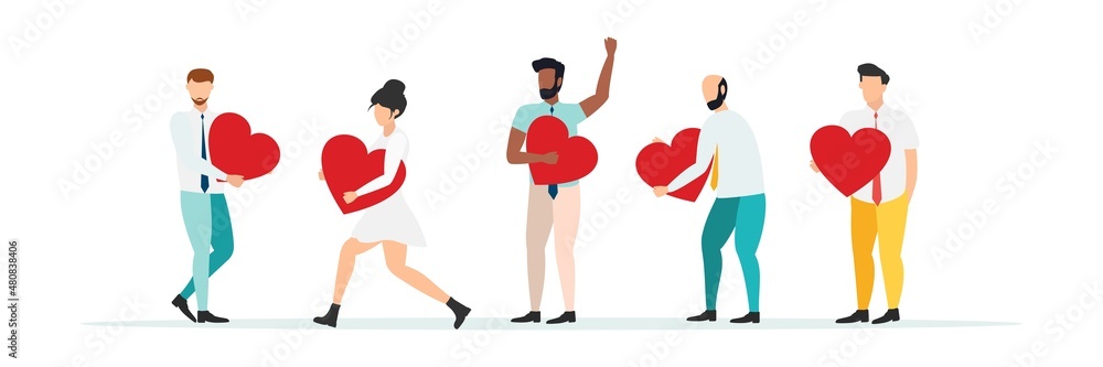 Group of smiling people holding hearts. Love. Valentine's Day. Vector of love and volunteering. Group of smiling people holding hearts. Love. Valentine's Day. Vector of love and volunteering.