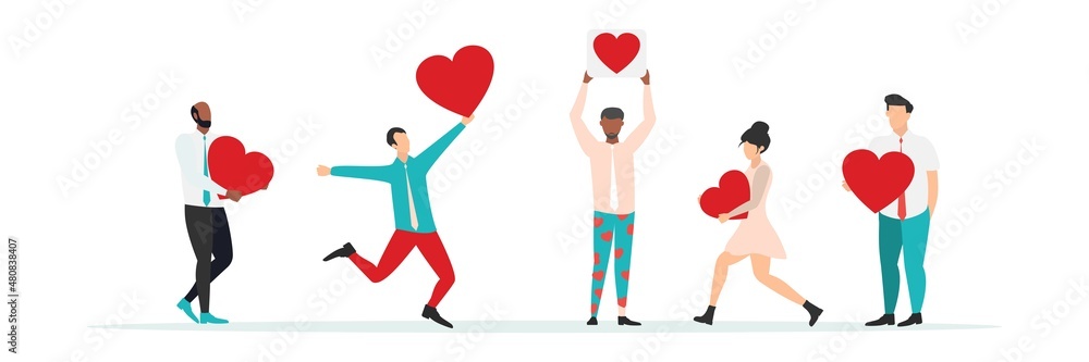 Group of smiling people holding hearts. Love. Valentine's Day. Vector of love and volunteering. Group of smiling people holding hearts. Love. Valentine's Day. Vector of love and volunteering.