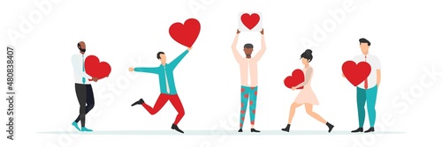 Group of smiling people holding hearts. Love. Valentine's Day. Vector of love and volunteering.
