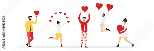 Group of smiling people holding hearts. Love. Valentine's Day. Vector of love and volunteering.