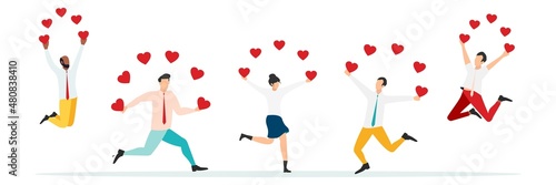 Group of smiling people holding hearts. Love. Valentine's Day. Vector of love and volunteering.