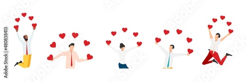 Group of smiling people holding hearts. Love. Valentine's Day. Vector of love and volunteering.