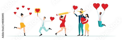 Group of smiling people holding hearts. Love. Valentine's Day. Vector of love and volunteering.