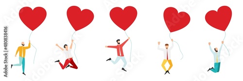 Group of smiling people holding hearts. Love. Valentine's Day. Vector of love and volunteering.