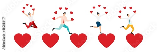 Group of smiling people holding hearts. Love. Valentine's Day. Vector of love and volunteering.