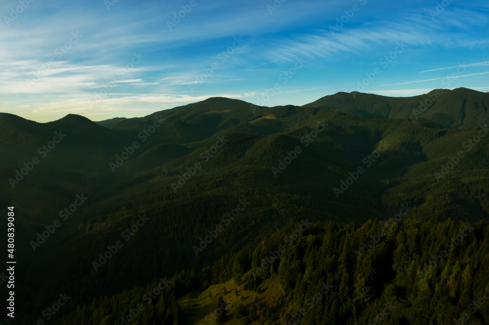 Picturesque view of mountain landscape with forest in morning. Drone photography Picturesque view of mountain landscape with forest in morning. Drone photography
