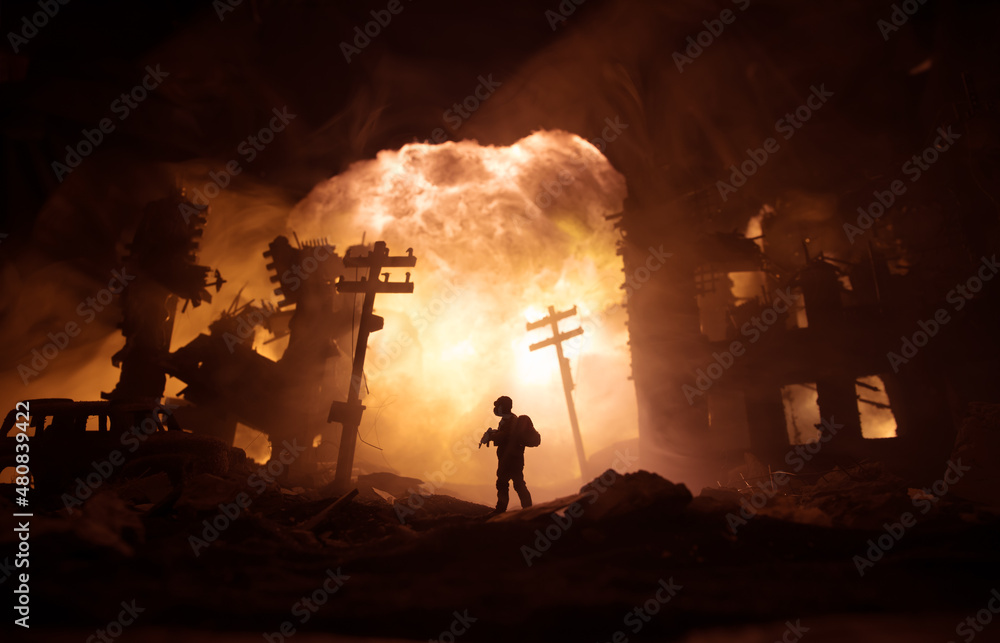 Fototapeta premium Nuclear war concept. Explosion of nuclear bomb. Creative artwork decoration in dark.