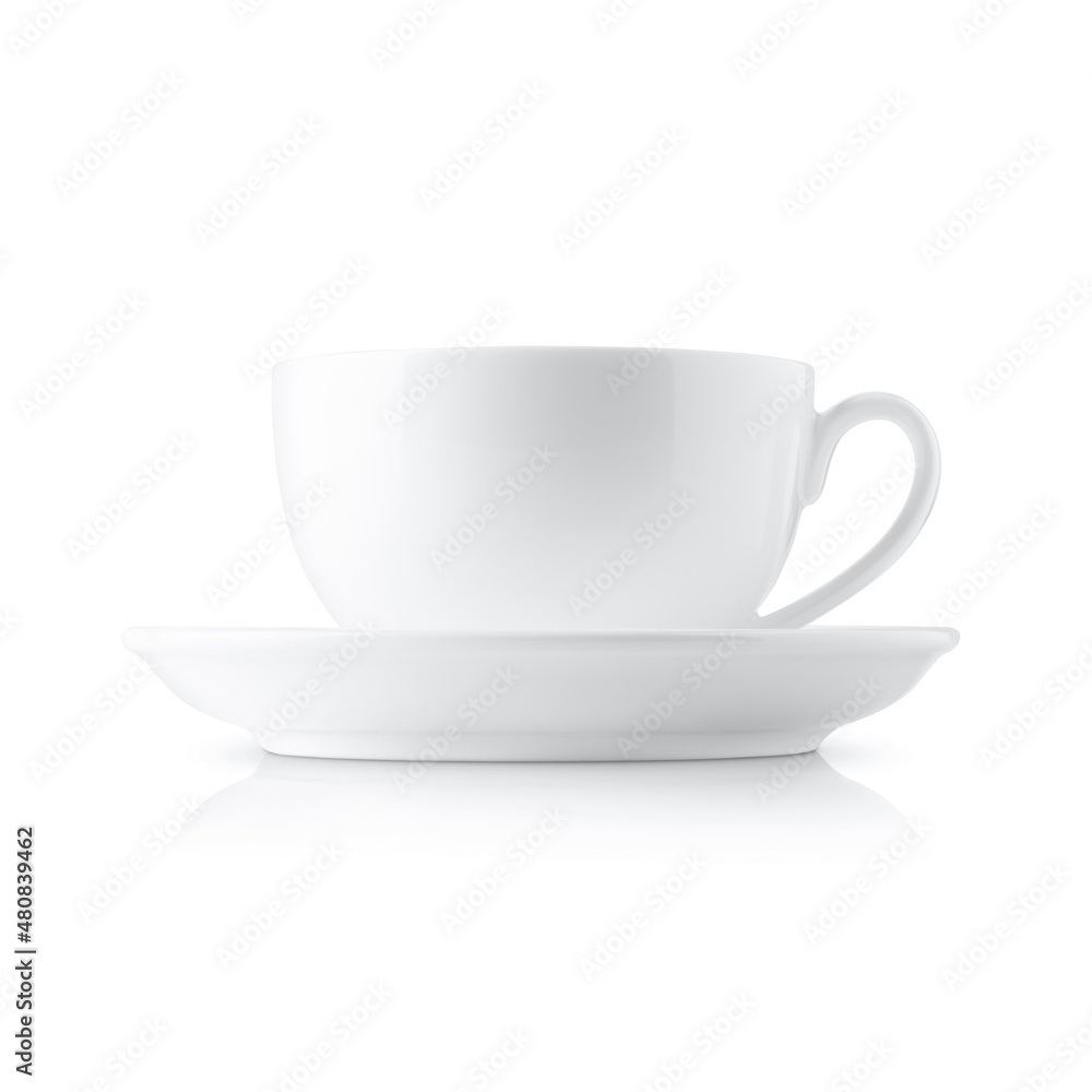 White coffee cup with saucer on white background
