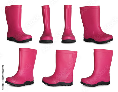 Set with pink rubber boots on white background