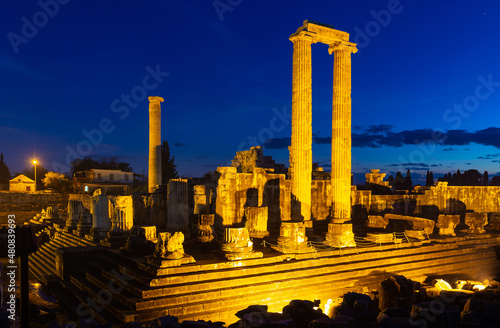 Scenic night view of lighted ruins of Apollo Temple, ancient Greek sanctuary at Didyma, Aydin Province, Turkey