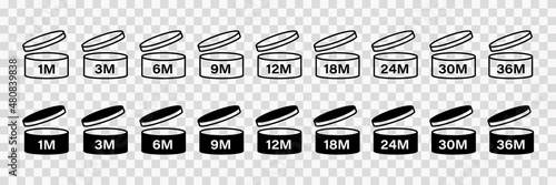 PAO cosmetic icons set, marks of period after opening . Expiration time after package opened, black and white labels. 1, 3, 6, 9, 12, 18, 24, 30, 36 month expirity on transparent background, vector