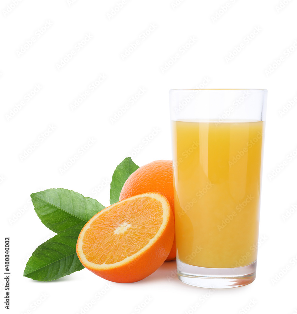 Glass of orange juice, fresh fruits and green leaves on white background Glass of orange juice, fresh fruits and green leaves on white background
