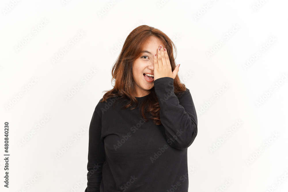 Covering Face and Smile Of Beautiful Asian Woman Wearing Black Shirt Isolated On White Background Covering Face and Smile Of Beautiful Asian Woman Wearing Black Shirt Isolated On White Background