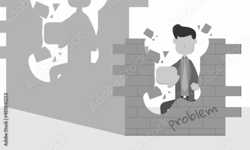 A male businessman is punching a wall that says problem until the wall shatters. Problem solving illustration
