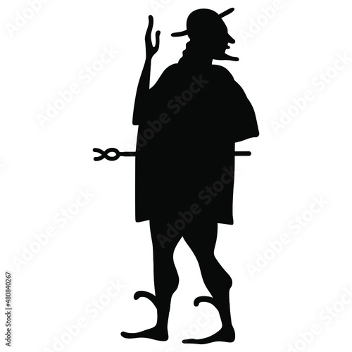 Silhouette of ancient Greek god Hermes or mercury holding caduceus and pointing up.