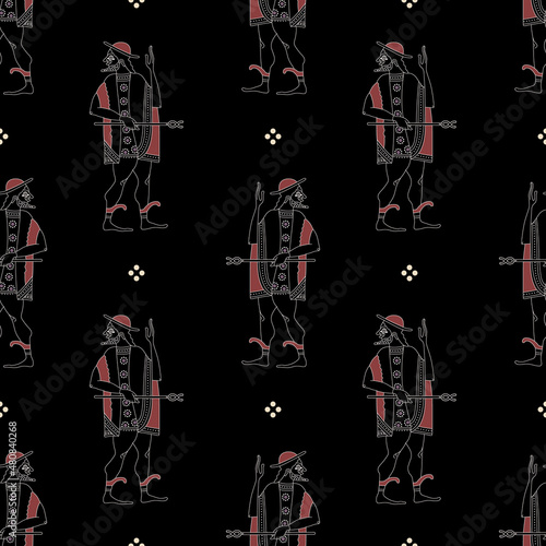 Seamless geometrical pattern with silhouettes of ancient Greek god Hermes. Based on antique vase painting motif.
