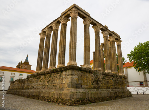 Ruins of ancient Roman Temple of Evora in historical centre of city, Portugal