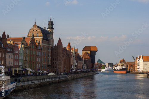 Beautiful architecture of the old town in Gdansk. Poland Houses, buildings, catholic church, panorama landscape.