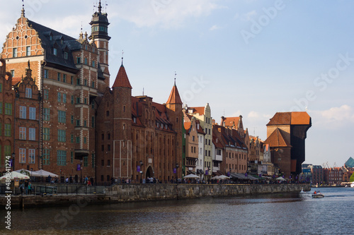 Beautiful architecture of the old town in Gdansk. Poland Houses, buildings, catholic church, panorama landscape.
