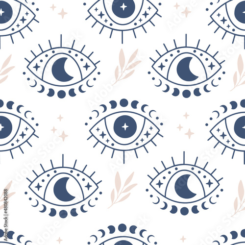 Boho vector seamless pattern. Hand drawn evil eye flat illustration. Magic witchcraft third eye with moon phases on white background. For celestial print, fabric, wallpaper, textile, magical decor.
