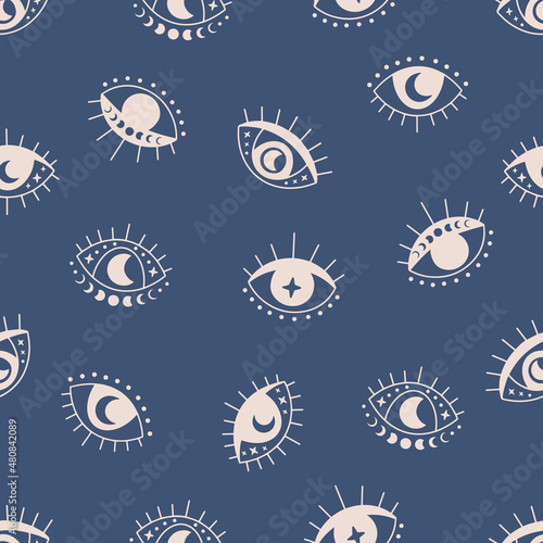 Boho vector seamless pattern. Hand drawn evil eye flat illustration. Magic witchcraft third eye with moon phases on blue background. For celestial print, fabric, wallpaper, textile, magical decor.