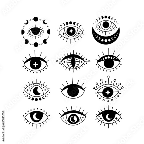 Magic black evil eye vector isolated illustration set. Hamsa eye, third eye. Witchcraft, occult, alchemy symbol. Hand drawn esoteric clipart with moon phases. Decorative element for poster, tarot card