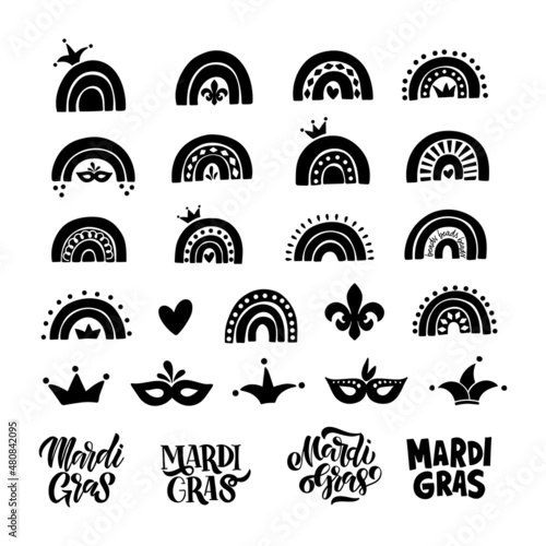 Mardi Gras traditional carnival. Fat Tuesday holiday vector illustration set. Fleur de lis, mask, crown clipart. Hand drawn modern black rainbow isolated on white background. For sticker, poster, card