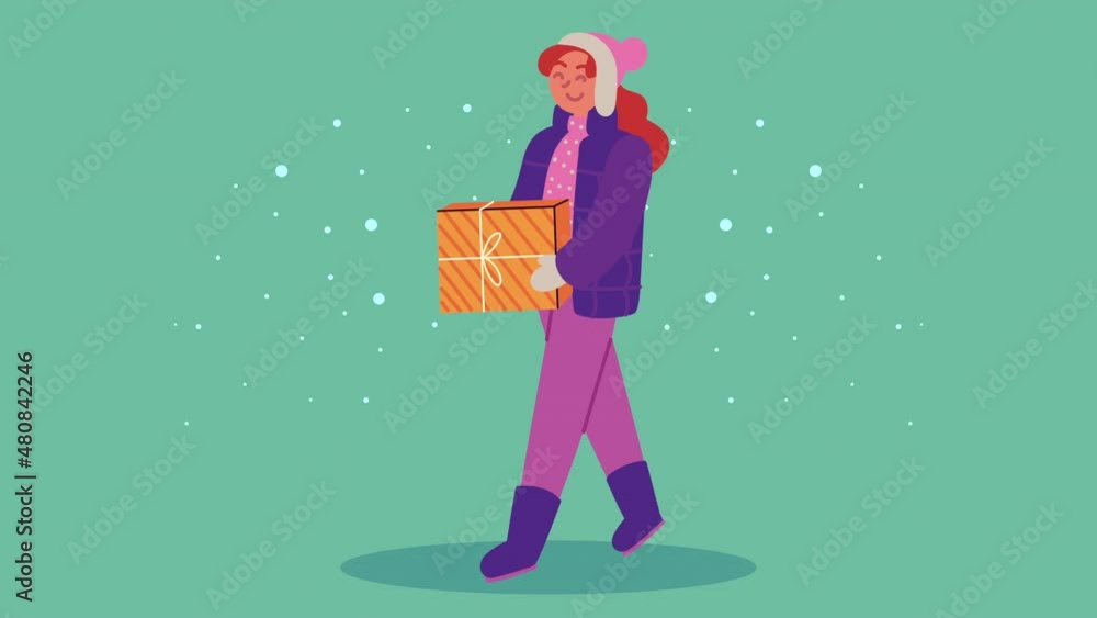 happy merry christmas animation with lady lifting gift happy merry christmas animation with lady lifting gift