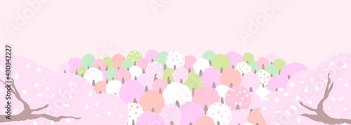桜咲く山の風景　ほっこり、はんなりとしたやさしい色使いの背景イラスト